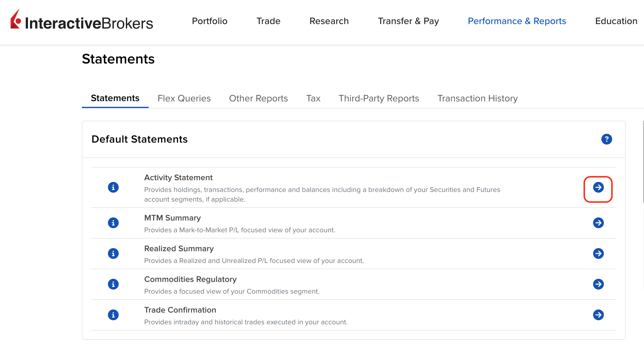 Activity Statement selection